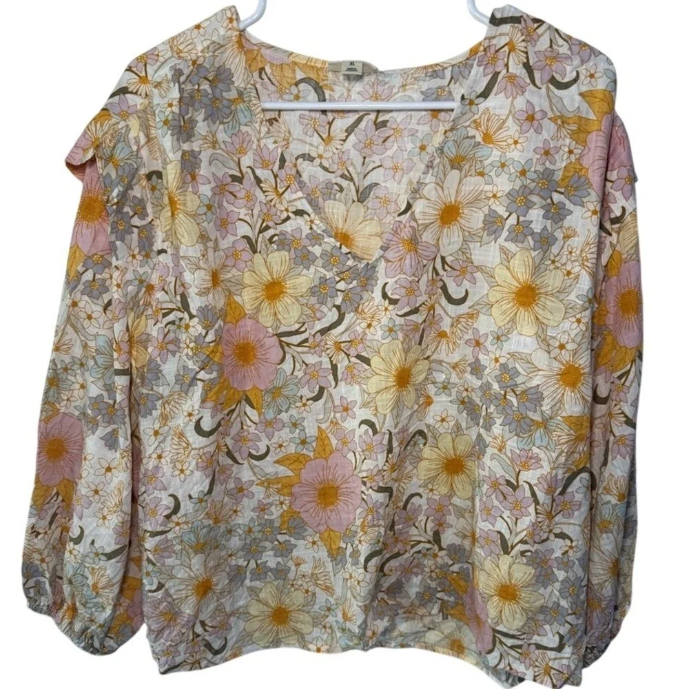 a.n.a a new approach Floral V-Neck Blouse XL Hollie Floral Pink Yellow